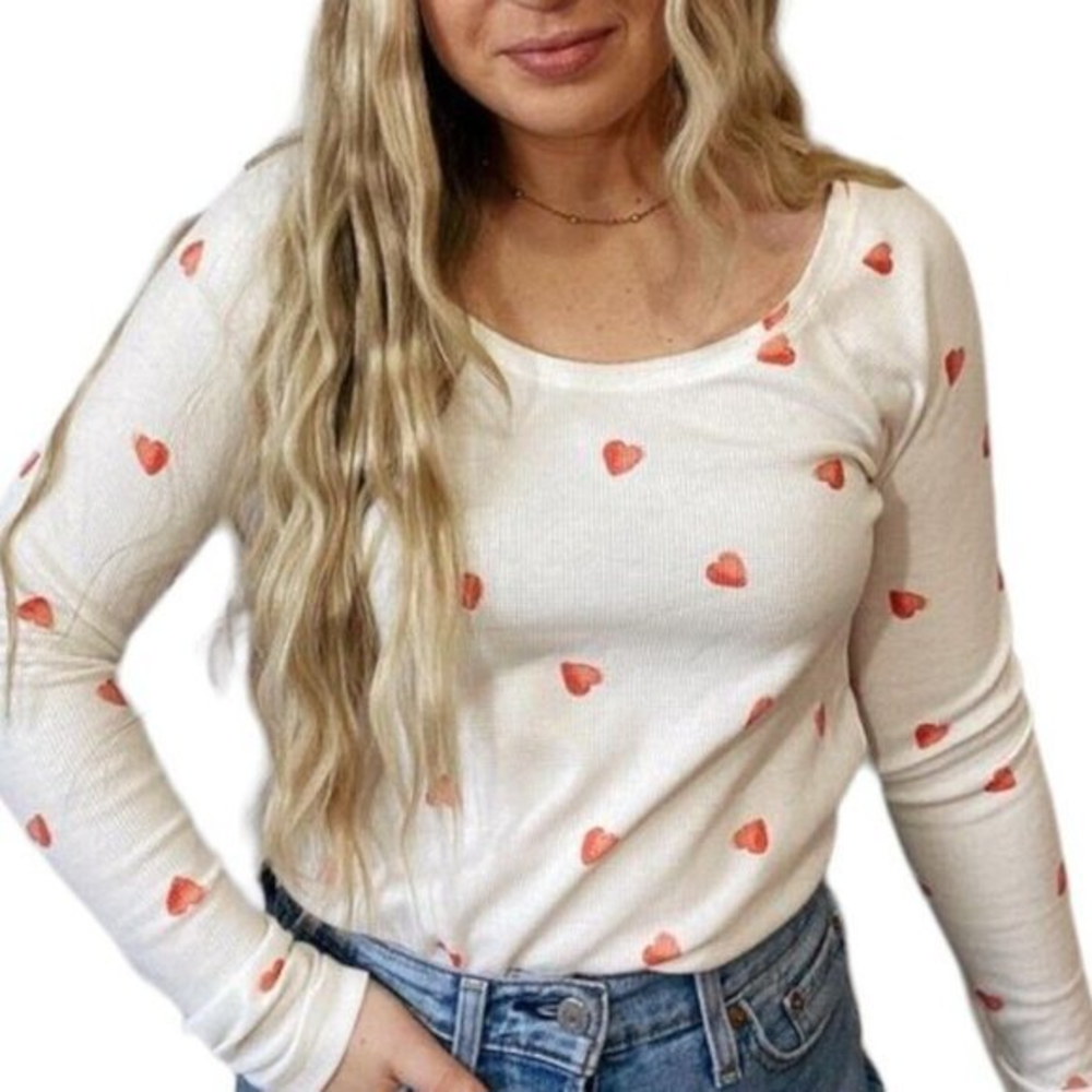 Lucky Brand‎ Heart Print Thermal Top Henley Long Sleeve Waffle White Shirt Small